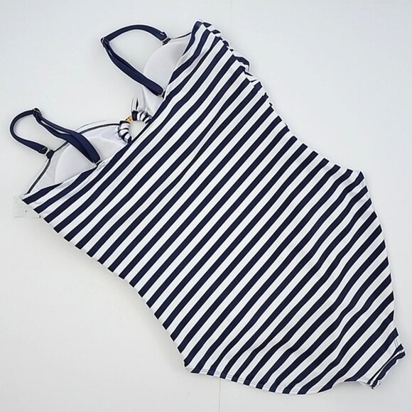 Simon Chang Solutions One-Piece Swimsuit Blue White Stripe High Back Size 16 - Picture 3 of 12